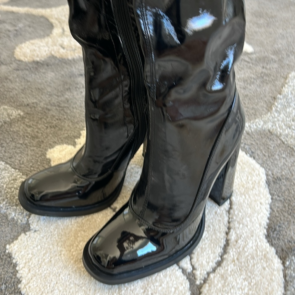 Black Knee High Block Heel Sock Boot - Picture 8 of 15